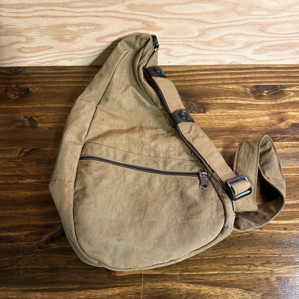 AmeriBag Classic Healthy Back Bag Tote Khaki Crossbody Distressed Nylon Purse